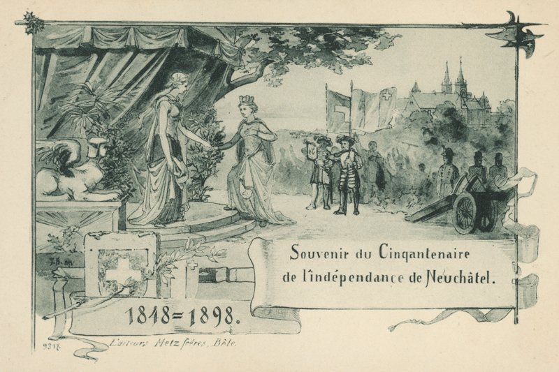 Cinquenta anos do Neuchatel declarando-se república dentro da Confederação Suíça em 1848 (litho) de Swiss School