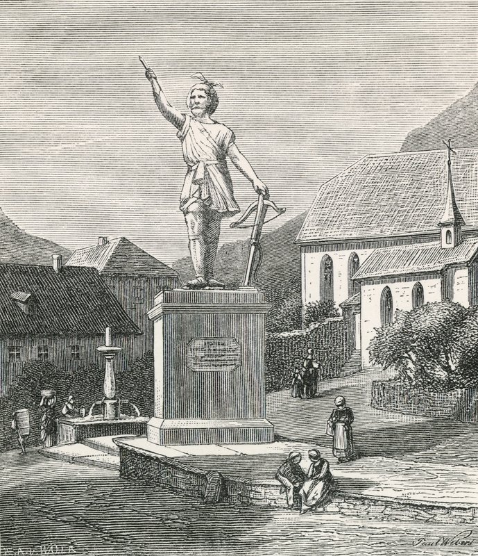 Estátua de Tell em Altorf, perto do local onde ele teria atirado na maçã de seu filho. de Swiss School