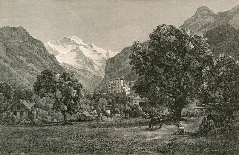 O Jungfrau e a abertura do Vale de Lauterbrunnen, perto de Interlaken de Swiss School