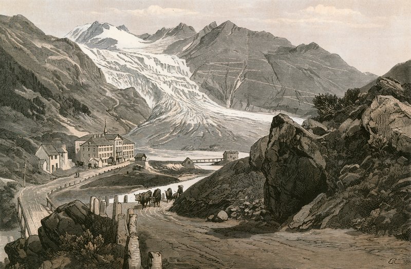 A parte inferior da Geleira do Ródano e a Estrada para o Furka de Swiss School