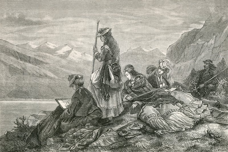 Turistas descansando nos Alpes de Swiss School