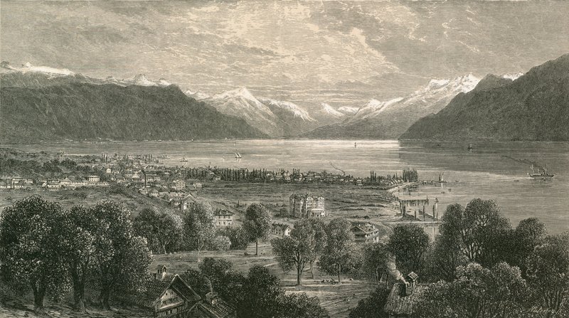 Vevey e a parte superior do lago de Geneve, olhando para o vale do Ródano de Swiss School