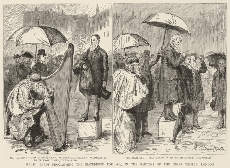 Bardos galeses proclamando o Eisteddfod para 1887, nos jardins do templo interno, Londres de Sydney Prior Hall