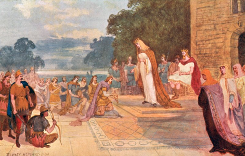 Rei Edgar com a Rainha Elfrida recebendo as homenagens de oito Príncipes afluentes em Chester, 973 dC de Sydney Herbert