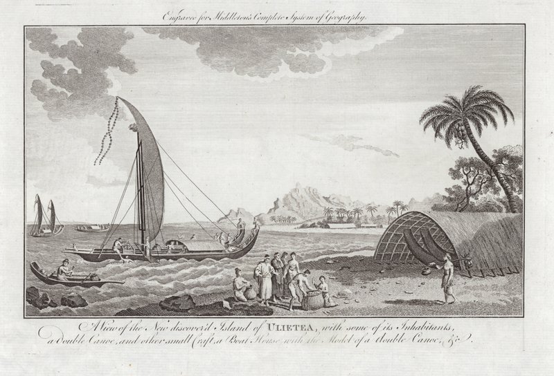 Uma vista da nova ilha descoberta de Ulieta com alguns dos habitantes de Sydney Parkinson