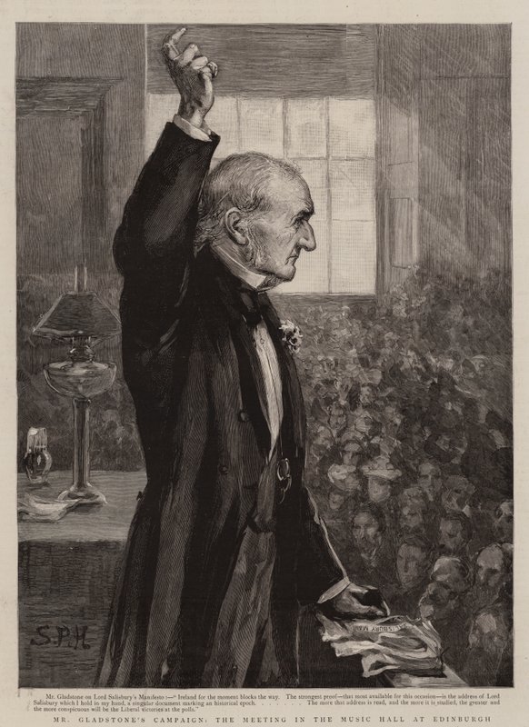 A Campanha do Sr. Gladstone, o Encontro no Salão de Música em Edimburgo (gravura) de Sydney Prior (after) Hall