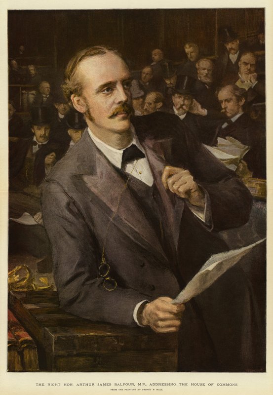 O Meritíssimo Arthur James Balfour, Deputado, dirigindo-se à Câmara dos Comuns (cor litho) de Sydney Prior (after) Hall