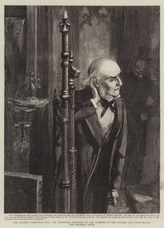 A Lei da Franquia Feminina, Sr. Gladstone ouvindo os Números da Lista da Divisão por trás da Cadeira do Orador (gravura) de Sydney Prior (after) Hall