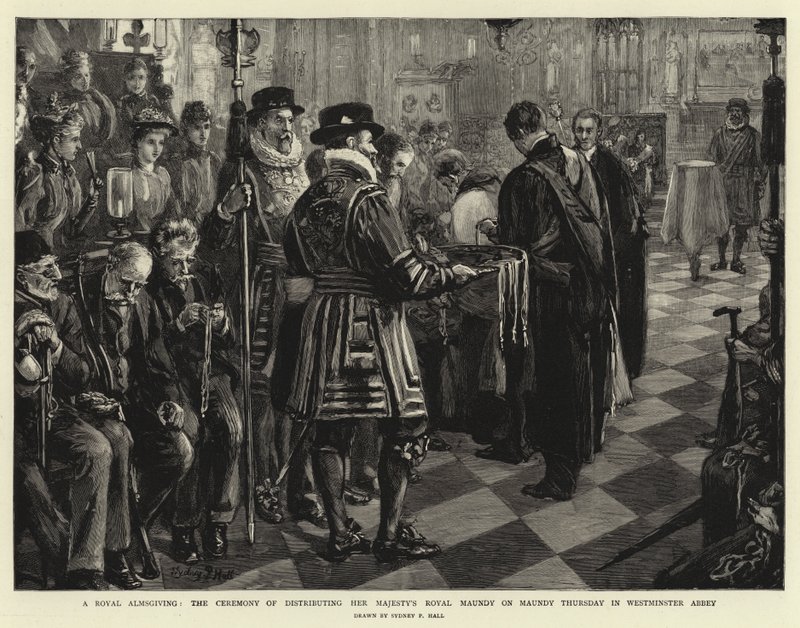 A Royal Almsgiving, a cerimônia de distribuição do Royal Maundy de Sua Majestade na Quinta-feira Santa na Abadia de Westminster de Sydney Prior Hall