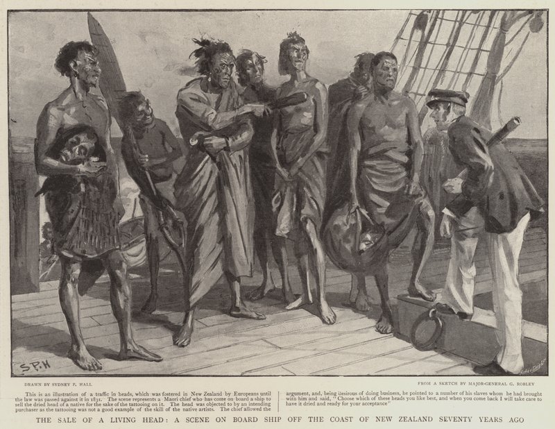 Uma venda de uma cabeça viva, uma cena a bordo do navio ao largo da costa da Nova Zelândia há setenta anos de Sydney Prior Hall
