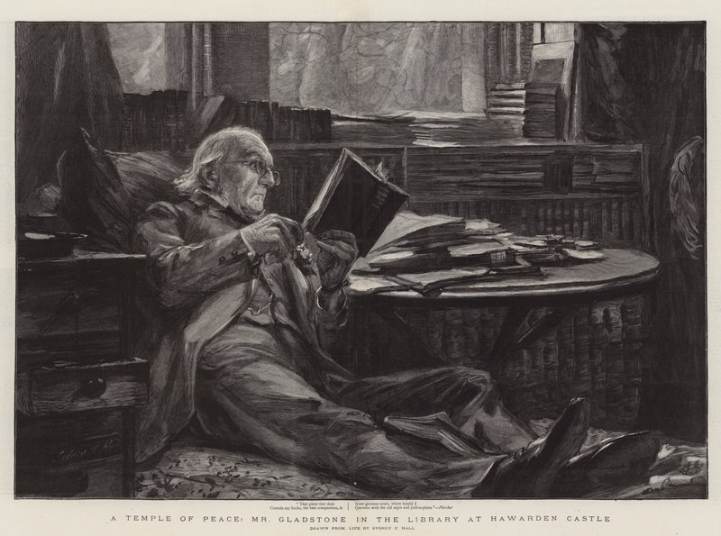 Um Templo da Paz, o Sr. Gladstone na Biblioteca do Castelo de Hawarden de Sydney Prior Hall