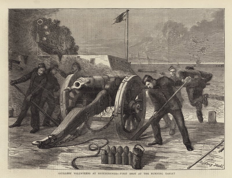 Voluntários de artilharia em Shoeburyness, primeiro tiro no alvo em execução de Sydney Prior Hall