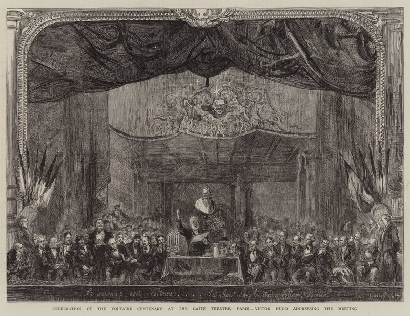 Celebração do centenário de Voltaire no Teatro Gaite, Paris, Victor Hugo dirigindo-se ao encontro de Sydney Prior Hall