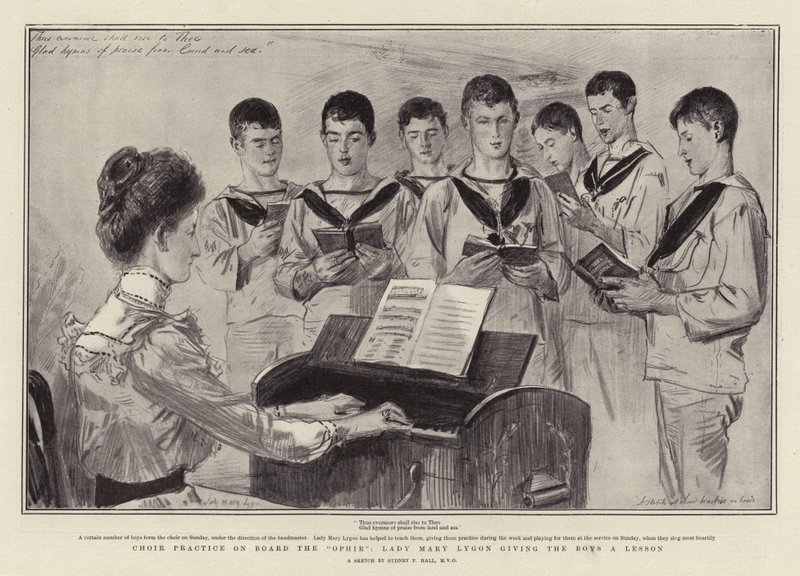 Coro pratica a bordo do Ofir, Lady Mary Lygon dando aos meninos uma lição de Sydney Prior Hall