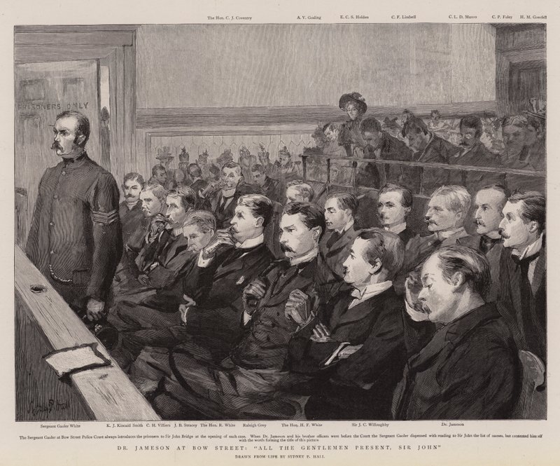 Dr. Jameson na Bow Street, todos os cavalheiros presentes, Sir John de Sydney Prior Hall