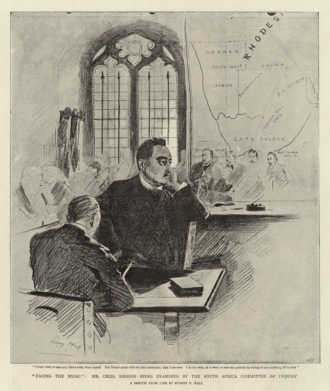 De frente para a música, o Sr. Cecil Rhodes sendo examinado pelo Comitê de Inquérito da África do Sul de Sydney Prior Hall
