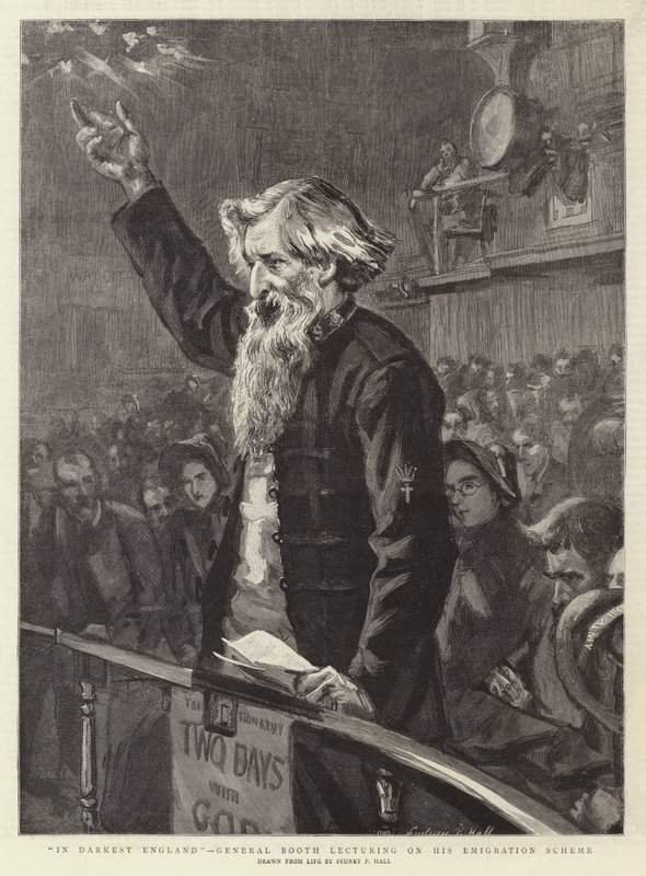 Na Inglaterra Mais Escura, o General Booth dando palestras sobre seu Esquema de Emigração de Sydney Prior Hall