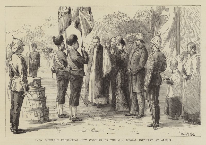 Lady Dufferin apresentando novas cores para a 18ª infantaria de Bengala em Alipur de Sydney Prior Hall
