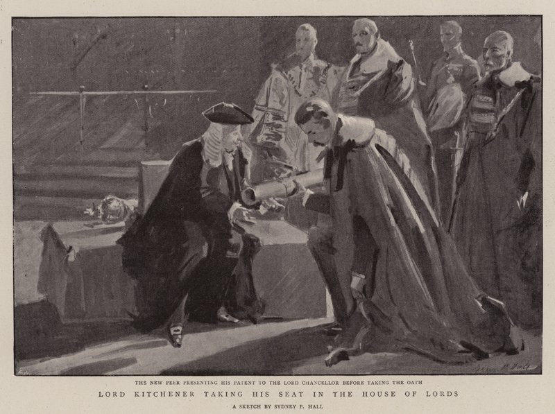 Lord Kitchener tomando seu lugar na Câmara dos Lordes de Sydney Prior Hall