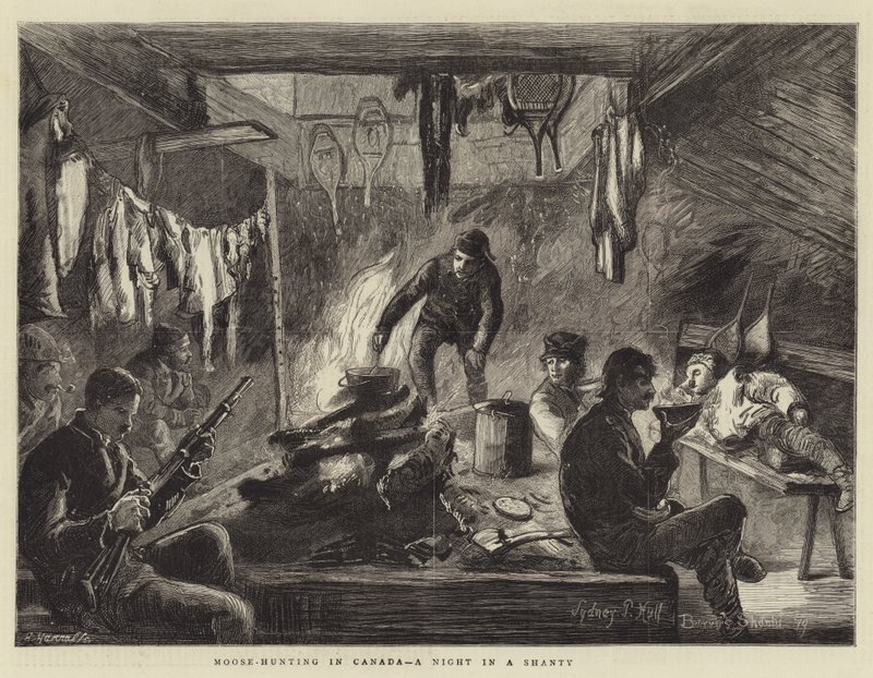 Caça aos alces no Canadá, uma noite em um shanty de Sydney Prior Hall