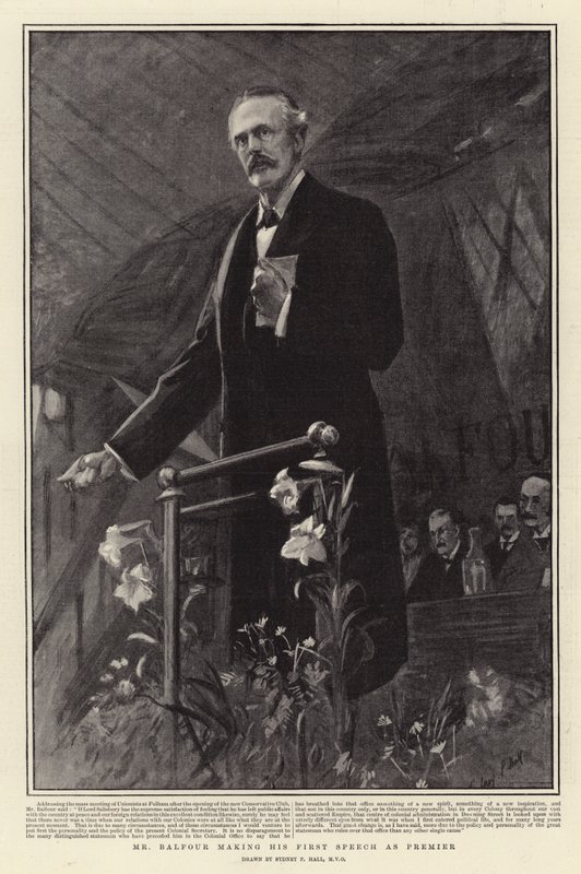 Sr. Balfour fazendo seu primeiro discurso como Premier de Sydney Prior Hall