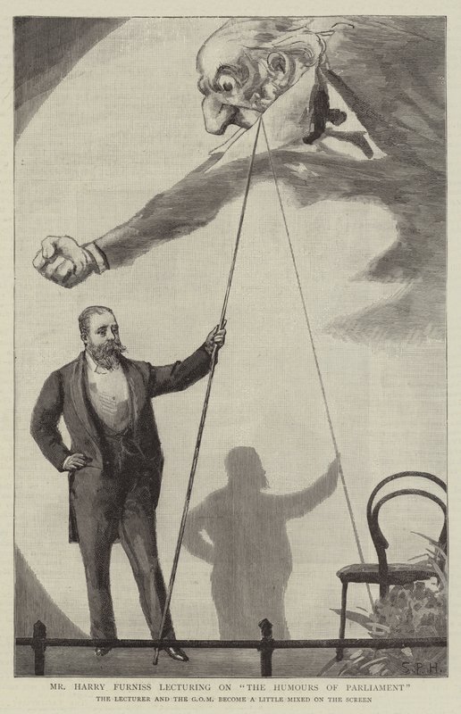 Sr. Harry Furniss dando palestras sobre os humores do Parlamento de Sydney Prior Hall