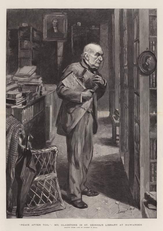 Paz após Toil, Sr. Gladstone na biblioteca de St Deiniol em Hawarden de Sydney Prior Hall