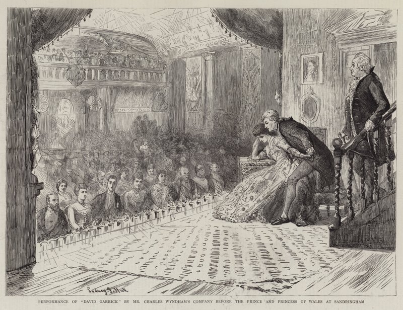 Performance de David Garrick, da companhia de Charles Wyndham, diante do Príncipe e Princesa de Gales, em Sandringham de Sydney Prior Hall