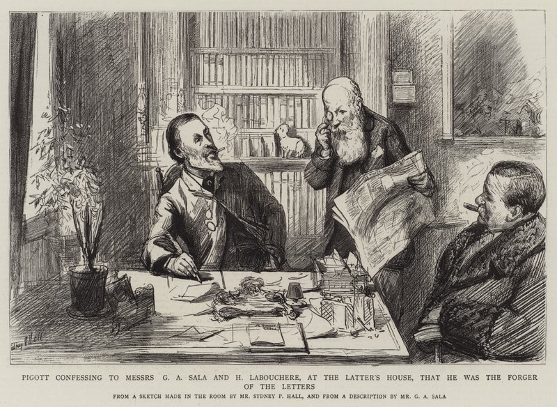Pigott confessando a Messers GA Sala e H Labouchere, na Casa dos Últimos Dias, que ele era o falsificador das letras de Sydney Prior Hall