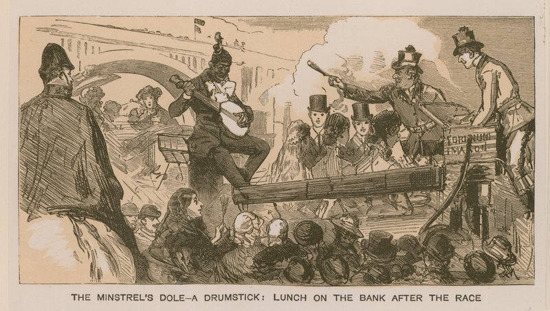 Reminiscências de uma Corrida de Barcos de Oxford e Cambridge: A Dole do Minstrel - uma baqueta; almoçar no banco depois da corrida de Sydney Prior Hall