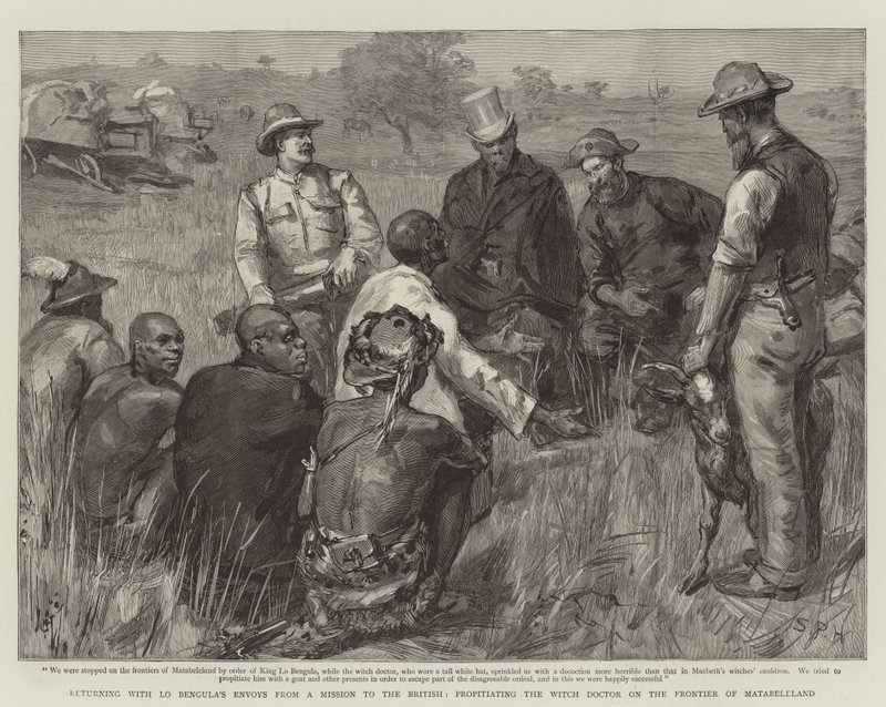 Retornando com os Enviados de Lo Bengula de uma missão para os britânicos, propiciando o Witch Doctor na Fronteira de Matabeleland de Sydney Prior Hall