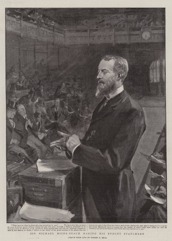 Sir Michael Hicks-Beach fazendo o seu orçamento de Sydney Prior Hall
