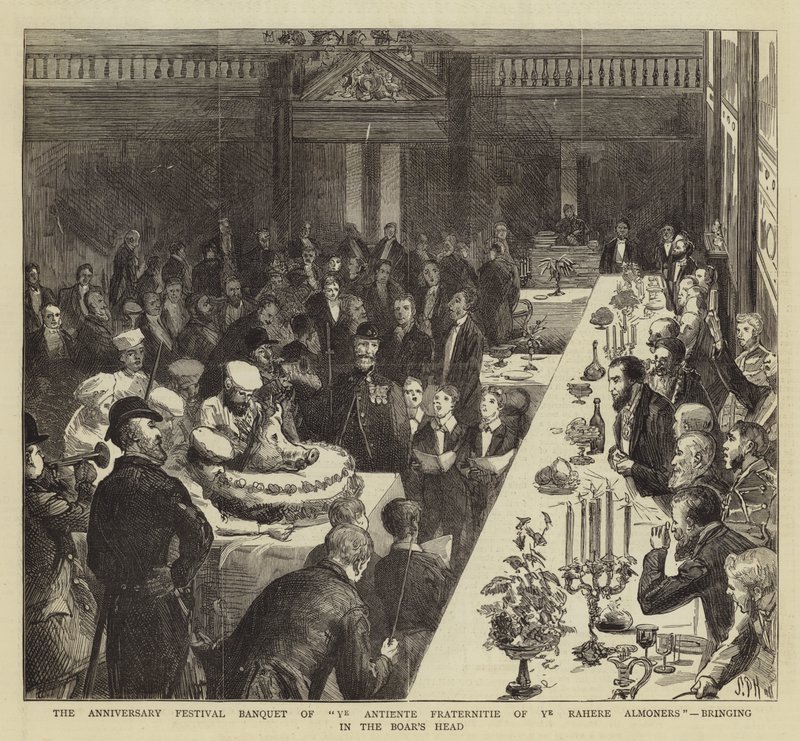 Banquete de Ye Antiente Fraternitie de Ye Rahere Almoners, trazendo a cabeça do Javali de Sydney Prior Hall