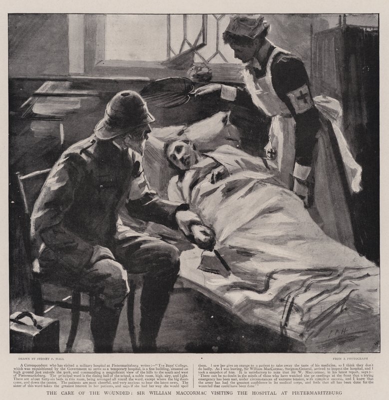 O cuidado dos feridos, Sir William MacCormac visitando o hospital em Pietermaritzburg de Sydney Prior Hall
