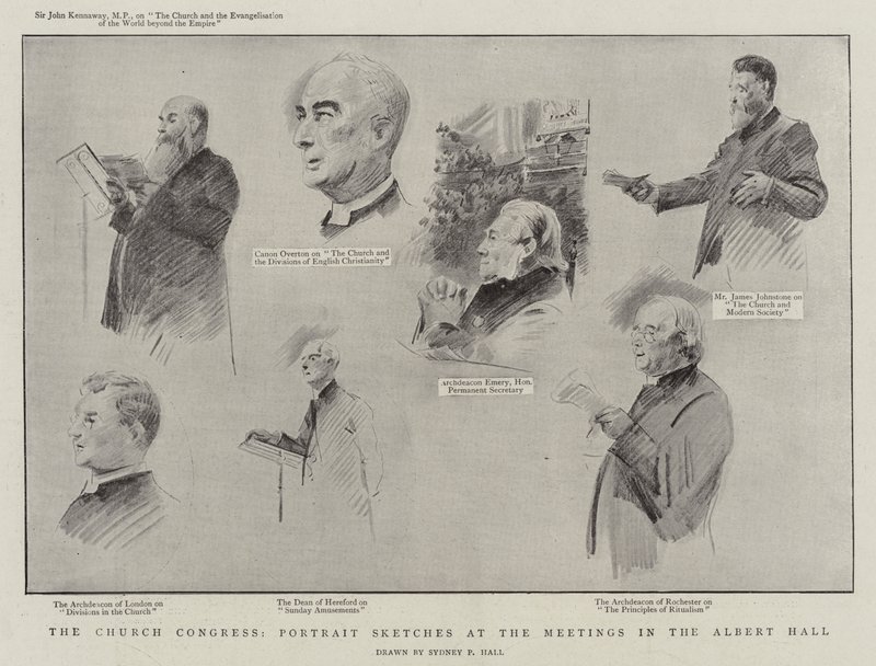 The Church Congress, Portrait Sketches nos Encontros no Albert Hall litho de Sydney Prior Hall