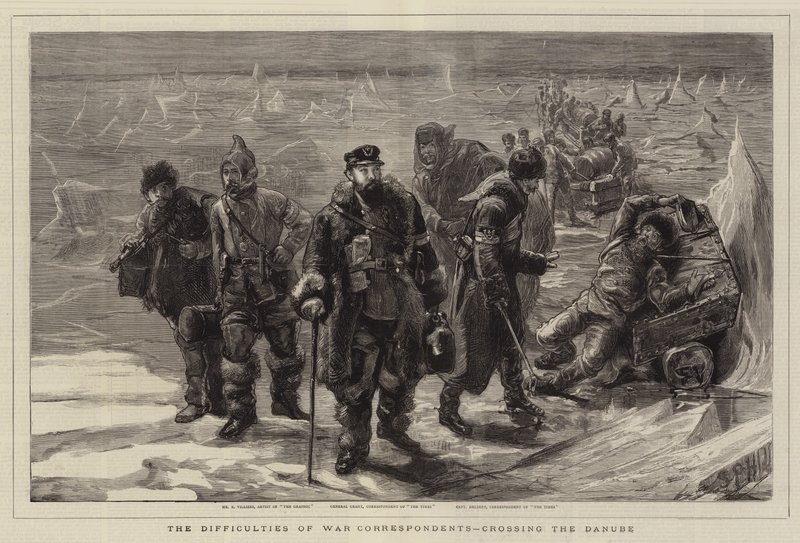 As dificuldades dos correspondentes de guerra, atravessando o Danúbio de Sydney Prior Hall