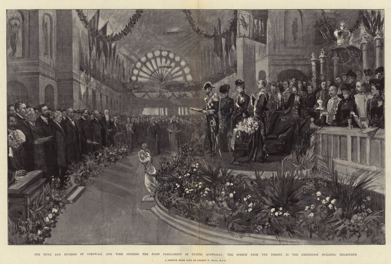 O Duque e a Duquesa da Cornualha e York abrindo o Primeiro Parlamento da Austrália Unida, a Fala do Trono no Edifício da Exposição, em Melbourne de Sydney Prior Hall