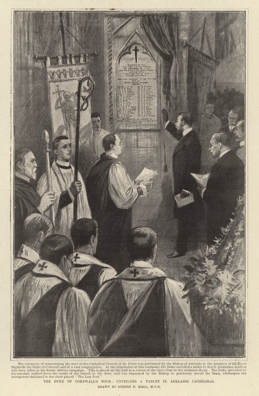Turnê do duque de Cornwall, revelando um tablet na Catedral de Adelaide de Sydney Prior Hall