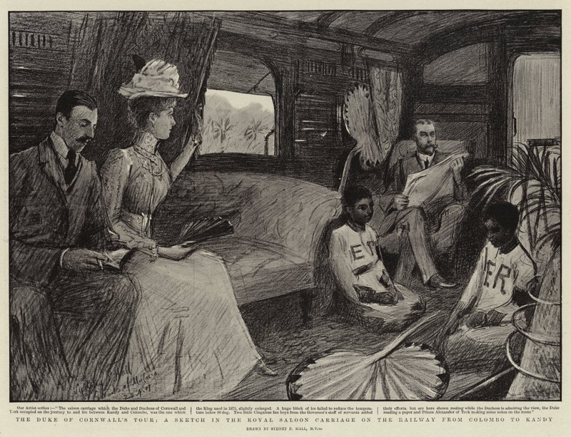 A turnê do Duque de Cornwall, um esboço na carruagem do Royal Saloon na ferrovia de Colombo para Kandy de Sydney Prior Hall
