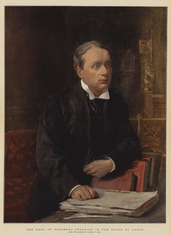 O conde de Rosebery falando na Câmara dos Lordes (cromolitho) de Sydney Prior Hall