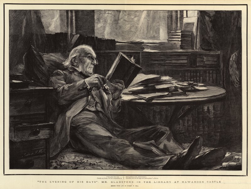 A noite de seus dias, o Sr. Gladstone na biblioteca no Castelo de Hawarden de Sydney Prior Hall