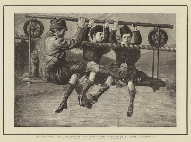 A primeira viagem, o príncipe Albert Victor e o príncipe George de Gales, cruzando o Dee em um berço em Abergeldie 1876 de Sydney Prior Hall