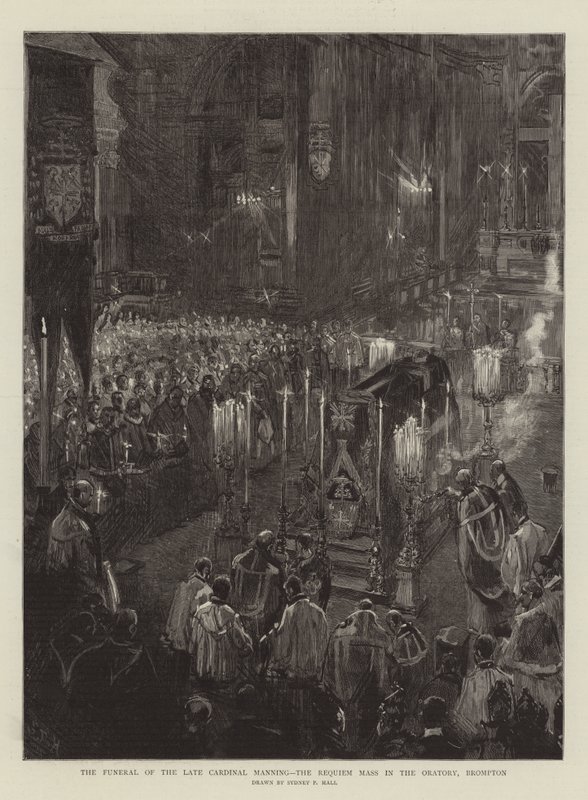 O funeral do falecido cardeal Manning, a missa do réquiem no oratório, Brompton de Sydney Prior Hall