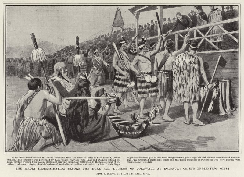 A demonstração Maori antes do duque e da duquesa de Cornwall em Rotorua, chefes apresentando presentes de Sydney Prior Hall