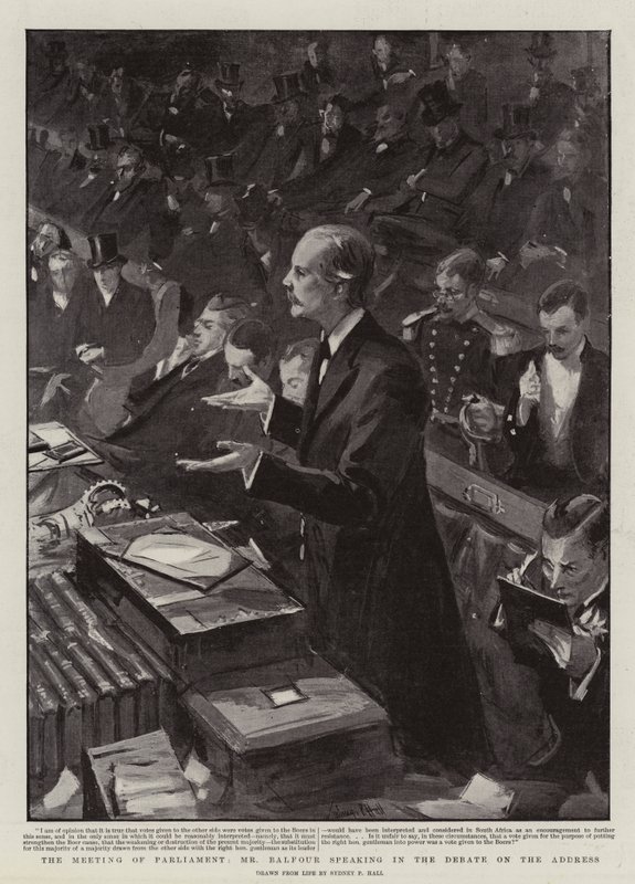 A Reunião do Parlamento, Sr. Balfour falando no Debate sobre o Endereço de Sydney Prior Hall
