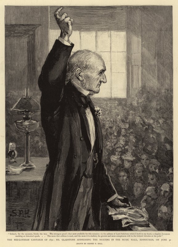 Campanha Mid-Lothian de 1892, o Sr. Gladstone dirigindo-se ao Encontro no Music Hall, Edimburgo, em 30 de junho de Sydney Prior Hall