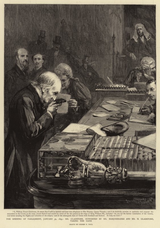 Abertura do Parlamento, 31 de janeiro de 1893, Gladstone, apoiado por Marjoribanks e H Gladstone, prestando juramento de Sydney Prior Hall