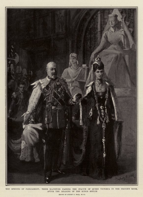 A Abertura do Parlamento, Suas Majestades passando a Estátua da Rainha Vitória na Sala do Príncipe, após a Leitura do Discurso do Rei de Sydney Prior Hall