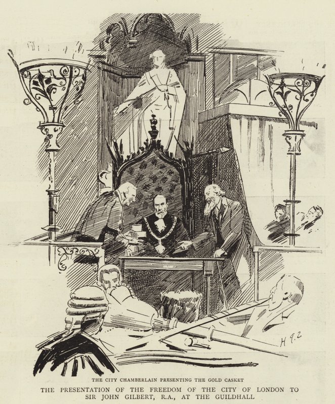 A Apresentação da Liberdade da Cidade de Londres a Sir John Gilbert, RA, no Guildhall de Sydney Prior Hall