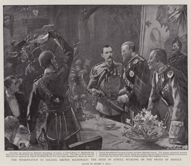 A apresentação ao coronel Hector MacDonald, o duque de Atholl, que se agarra à Espada de Honra de Sydney Prior Hall